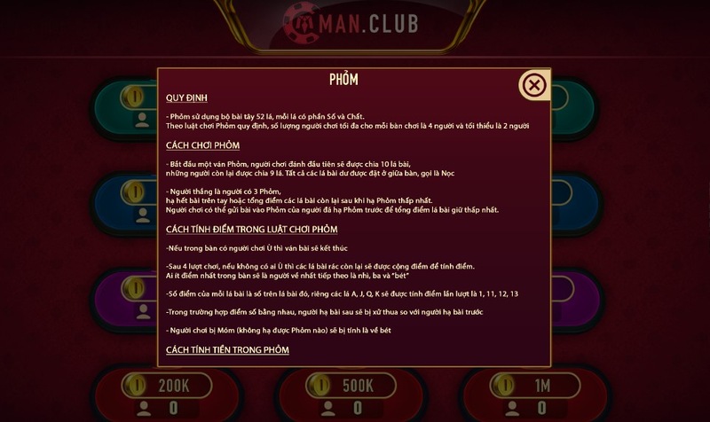 Cách tính điểm áp dụng game bài Phỏm Man Club